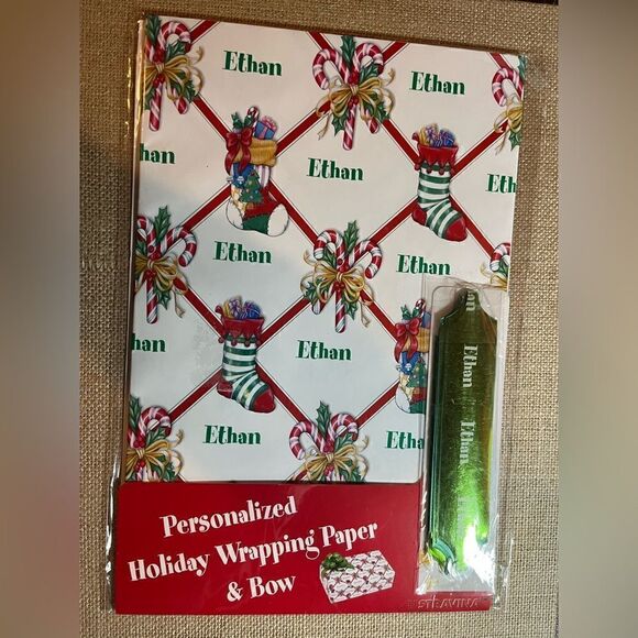 “ETHAN” Personalized Christmas Wrapping Paper & Bow Multicolored Holiday Fun - Picture 1 of 3